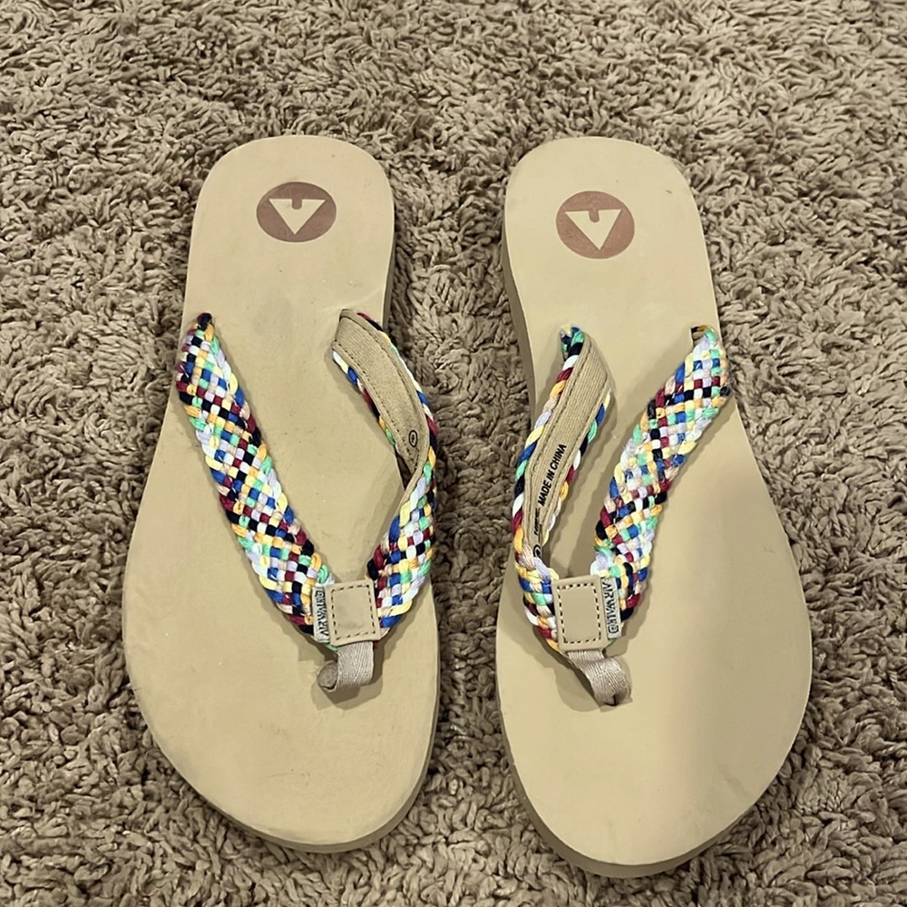 Air walk sandals with rainbow braided cloth strap